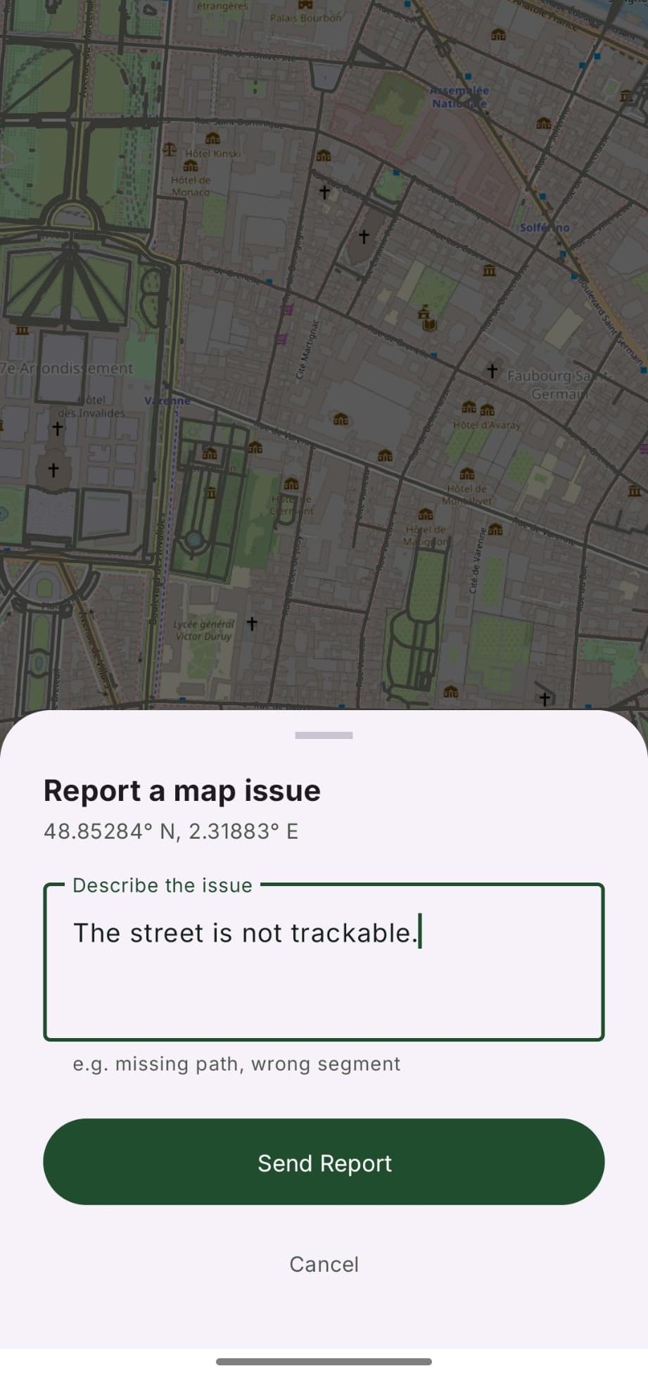 The Report a map issue sheet in CityWalker, showing a text field for describing the problem and a Send Report button